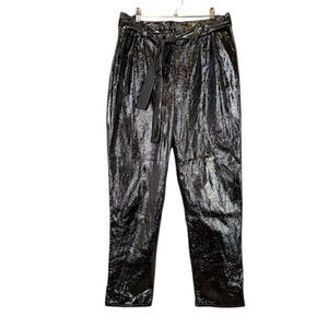 Who What Wear Black Polyurethane Belted Trouser Pants Pleated Dressy Size 4